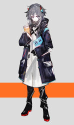 Rule 34 | 1girl, absurdres, arknights, black coat, black footwear, black pants, boots, closed mouth, coat, cup, disposable cup, doctor (arknights), female doctor (arknights), grey background, grey hair, hair between eyes, headgear, highres, holding, holding cup, hood, hood down, hooded coat, juexing (moemoe3345), lab coat, long sleeves, open clothes, open coat, orange background, pants, purple eyes, ribbon-trimmed hood, ribbon trim, sleeves past fingers, sleeves past wrists, smile, solo, two-tone background
