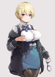 Rule 34 | 1girl, absurdres, belt, black gloves, black jacket, black pantyhose, blonde hair, blue belt, blue eyes, blue ribbon, blue skirt, breasts, buckle, button gap, chinese commentary, collared shirt, commentary request, covered navel, cowboy shot, cuffs, framed breasts, girls&#039; frontline, gloves, grey background, hair between eyes, hair ornament, handcuffs, highres, holding, holding handcuffs, jacket, large breasts, long sleeves, longzi (lez), looking at viewer, magazine (weapon), miniskirt, mole, mole under eye, neck ribbon, off-shoulder jacket, off shoulder, open clothes, open jacket, pantyhose, ribbon, shirt, shirt tucked in, short hair, sidelocks, simple background, skirt, smile, snap-fit buckle, snowflake hair ornament, solo, standing, striped ribbon, thighband pantyhose, vsk-94 (girls&#039; frontline), white shirt