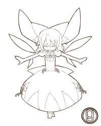 Rule 34 | circled 9, 1girl, bad id, bad pixiv id, bow, cirno, dress, dress shirt, closed eyes, grin, hair ribbon, katsudansou, mary janes, monochrome, outstretched arms, outstretched hand, ribbon, shirt, shoes, short sleeves, smile, solo, tiptoes, touhou, wings