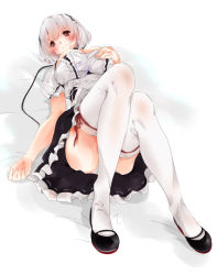 Rule 34 | 1girl, azur lane, black ribbon, black skirt, blush, bob cut, breasts, check commentary, cleavage, cleavage cutout, clothing cutout, commentary, commentary request, full body, hair ribbon, hairband, hand on own chest, kagino, knees up, large breasts, looking at viewer, lying, maid, mary janes, on back, red eyes, red ribbon, ribbon, shirt, shoes, short sleeves, sirius (azur lane), skirt, solo, thighhighs, thighs, white hair, white shirt, white thighhighs