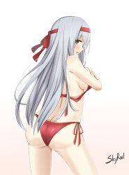 Rule 34 | 10s, 1girl, bikini, blush, breasts, brown eyes, butt crack, covering privates, covering breasts, female focus, headband, kantai collection, large breasts, long hair, looking at viewer, looking back, open mouth, red bikini, shoukaku (kancolle), side-tie bikini bottom, sideboob, silver hair, skyrail, solo, swimsuit
