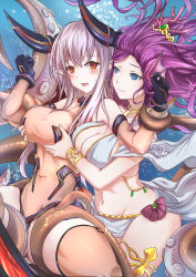 Rule 34 | 10s, 2girls, antiqq, black gloves, blue eyes, blush, borrowed character, breasts, colo mag-chan, covered navel, draph, fins, gloves, grabbing, grabbing another&#039;s breast, granblue fantasy, head fins, highres, horns, large breasts, long hair, multiple girls, navel, octopus, original, purple hair, red eyes, silver hair, smile, tears, tentacles, varuna (granblue fantasy), yuri