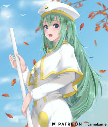 Rule 34 | 1girl, :d, absurdres, alice carroll, aria (manga), autumn leaves, bird, blue eyes, blue sky, blurry, blurry background, breasts, capelet, covered navel, dress, green hair, hair between eyes, hat, highres, holding, kamehito, long hair, long sleeves, looking at viewer, open mouth, orange planet uniform, outdoors, sky, small breasts, smile, solo, standing, very long hair, watermark, white capelet, white dress, white hat
