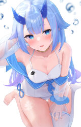 Rule 34 | 1girl, air bubble, alternate color school swimsuit, azur lane, blue eyes, blue hair, blue horns, breasts, bubble, commission, futon fly away, gold choker, highres, horns, i-13 (azur lane), long hair, looking at viewer, one-piece swimsuit, open mouth, pixiv commission, ribbon-trimmed legwear, ribbon trim, sakura empire (emblem), school swimsuit, see-through, see-through sleeves, short eyebrows, single thighhigh, small breasts, smile, solo, swimsuit, thick eyebrows, thighhighs, thighs, translucent horns, very long hair, white background, white one-piece swimsuit, white thighhighs