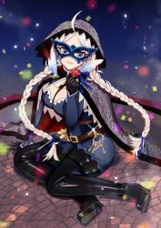 Rule 34 | 1girl, absurdres, ahoge, bag, black cape, black footwear, blue bodysuit, blue eyes, blue mask, blue ribbon, bodysuit, boots, braid, breasts, cape, commission, commissioner upload, confetti, eye mask, fire emblem, fire emblem fates, fire emblem heroes, flower, full body, hair ribbon, harness, highres, holding, holding quill, hood, hood up, hooded cape, key, keyring, latex, latex bodysuit, leather belt, long hair, looking at viewer, low twintails, medium breasts, night, nina (fire emblem), nintendo, o-ring, official alternate costume, on floor, parted bangs, quill, red cape, red flower, red rose, resolution mismatch, ribbon, rose, satchel, skeb commission, skin tight, smile, solo, source smaller, thigh boots, tona1071103, turtleneck, twin braids, twintails, two-tone bodysuit, two-tone cape, white hair