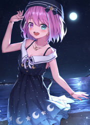 Rule 34 | 1girl, absurdres, beach, beret, blue dress, bow, breasts, cleavage, collared shirt, crescent, crescent earrings, crescent necklace, dress, earrings, full moon, hat, hat bow, heterochromia, highres, himemori luna, himemori luna (sundress), hololive, huge filesize, jewelry, masaki (msk064), moon, necklace, night, night sky, pink hair, shirt, sky, solo, star (sky), starry sky, starry sky print, strap, virtual youtuber
