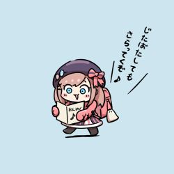 Rule 34 | 1girl, :3, backpack, bag, beret, blue eyes, blush, bow, chibi, hair bow, hair ornament, hat, jacket, musical note, nijisanji, note, pink jacket, pongari, pouch, simple background, skirt, solo, striped clothes, striped skirt, suzuhara lulu, virtual youtuber, x hair ornament