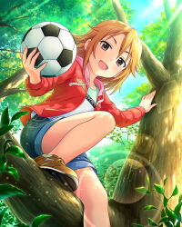 Rule 34 | 1girl, ball, idolmaster, idolmaster cinderella girls, leaf, official art, open mouth, soccer ball, solo, tree, yuuki haru