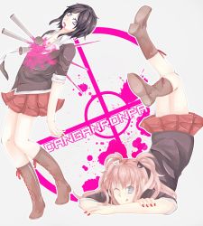 Rule 34 | 2girls, aokiki, bear hair ornament, black footwear, black hair, blonde hair, blood, blood from mouth, blood on clothes, blood on face, bloody weapon, blue eyes, blush, calf boots, closed mouth, danganronpa: trigger happy havoc, danganronpa (series), death, english text, enoshima junko, fake nails, feet up, female focus, fingernails, freckles, full body, grey eyes, hair ornament, ikusaba mukuro, impaled, legs up, long hair, looking at viewer, matching outfits, multiple girls, nail polish, nose blush, one eye closed, open mouth, pink blood, pleated skirt, red nails, red skirt, siblings, simple background, sisters, skirt, spoilers, tongue, tongue out, twins, twintails, weapon, white background, wink