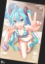 Rule 34 | 1girl, :p, ahoge, aqua eyes, aqua hair, bikini, breasts, cleavage, double v, from above, front-tie top, fs, hatsune miku, kneeling, long hair, looking at viewer, nail polish, navel, side-tie bikini bottom, smile, solo, striped bikini, striped clothes, swimsuit, tongue, tongue out, twintails, v, very long hair, viewfinder, vocaloid
