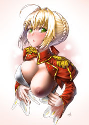 Rule 34 | 10s, 1girl, ahoge, artist name, blonde hair, blush, breasts, epaulettes, f.w.zholic, fate/extra, fate (series), gradient background, green eyes, highres, large breasts, lips, long sleeves, looking to the side, nero claudius (fate), nero claudius (fate) (all), nero claudius (fate/extra), nipples, short hair, solo, upper body, veins, veiny breasts