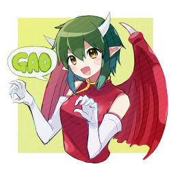Rule 34 | 1girl, blush stickers, border, brown eyes, china dress, chinese clothes, cropped torso, draco centauros, dragon horns, dragon wings, dress, elbow gloves, fang, gao, gloves, green hair, hair between eyes, highres, horns, kashima miyako, open mouth, pointy ears, puyopuyo, red dress, red wings, short hair, sleeveless, sleeveless dress, solo, speech bubble, white border, white gloves, white horns, wings
