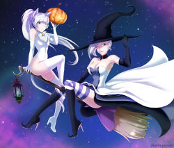 Rule 34 | 2girls, animal ears, black gloves, boots, breasts, broom, cat ears, cleavage, elbow gloves, gloves, halloween, hat, high heel boots, high heels, lantern, leotard, long hair, multiple girls, pumpkin, rwby, siblings, sisters, tail, thigh boots, thighhighs, very long hair, weiss schnee, white gloves, white hair, winter schnee, witch hat