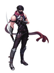 Rule 34 | 1boy, absurdres, arm belt, armor, bandana, bandana over mouth, bandana, belt, black hair, black pants, brown eyes, covered mouth, earrings, fingerless gloves, full body, gloves, greaves, highres, holding, holding mask, holding sword, holding weapon, jewelry, knife, legs apart, looking at viewer, male focus, mask, mingjeung seo, ninja, pants, red scarf, scarf, solo, standing, sword, throwing knife, weapon