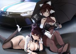 Rule 34 | 2girls, absurdres, animal ears, atago (azur lane), atago (stunning speedster) (azur lane), azur lane, bikini, black footwear, black hair, black legwear, bow, breasts, brown eyes, car, cleavage cutout, clothing cutout, commentary request, dog ears, extra ears, hair flaps, high heels, highres, large breasts, long hair, looking at viewer, lying, mole, mole under eye, motor vehicle, multicolored leotard, multiple girls, navel cutout, official alternate costume, on stomach, oshida bob, pantyhose, ponytail, race queen, shrug (clothing), sitting, sleeve cuffs, swept bangs, swimsuit, takao (azur lane), takao (full throttle charmer) (azur lane), thighband pantyhose, thighhighs, two-tone bikini, two-tone leotard, umbrella, vehicle request, white bow, white footwear, wrist cuffs