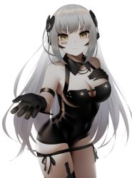 Rule 34 | 1girl, barcode tattoo, black gloves, breasts, cleavage, expressionless, gager (girls&#039; frontline), girls&#039; frontline, gloves, hand on own chest, highres, long hair, medium breasts, mengxiang jia, outstretched arm, pale skin, sangvis ferri, skindentation, solo, tattoo, tight clothes, very long hair, white hair, yellow eyes