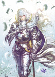 Rule 34 | 1boy, androgynous, armor, belt, berserk, breastplate, cape, unworn cape, commentary, faulds, feathers, feet out of frame, fujii eishun, gauntlets, greaves, griffith (berserk), guts (berserk), half-closed eyes, hand on own chest, highres, holding, holding cape, holding clothes, leather belt, long hair, looking at viewer, male focus, pauldrons, poleyn, reflection, sheath, sheathed, shoulder armor, solo, standing, sword, wavy hair, weapon, white background, white cape, white hair