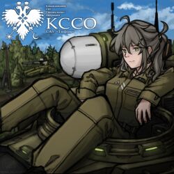 1girl cannon girls&#039;_frontline gnom_na_korable green_eyes grey_hair hover_tank kcco_(girls&#039;_frontline) military_uniform open_hatch reclining solo tagme typhon_(girls&#039;_frontline)