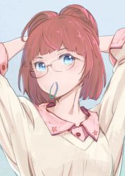 Rule 34 | 1girl, adjusting hair, arms behind head, blue background, blue eyes, blunt bangs, blush, commentary request, glasses, hair tie in mouth, half updo, long sleeves, looking at viewer, mouth hold, original, red hair, simple background, solo, star (symbol), tomamatto, upper body