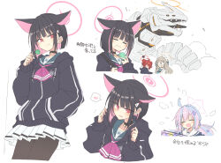 Rule 34 | 4girls, = =, ahoge, akane (blue archive), animal ears, binah (blue archive), black collar, black hair, black hoodie, black pantyhose, blue archive, blue hair, blue necktie, blue sailor collar, blush, candy, closed mouth, collar, colored inner hair, double bun, eating, flying sweatdrops, food, hair bun, hair ornament, hairclip, halo, hand in pocket, highres, holding, holding candy, holding food, holding lollipop, hood, hoodie, kazusa (blue archive), light brown hair, lollipop, long sleeves, looking at viewer, low twintails, macaron, maki (blue archive), miniskirt, multicolored hair, multiple girls, multiple views, neckerchief, necktie, open mouth, pantyhose, parted lips, pink hair, pink neckerchief, pleated skirt, red eyes, red hair, reisa (blue archive), sailor collar, satou kibi, short hair, simple background, skirt, smile, solo focus, star (symbol), star hair ornament, streaked hair, sweat, twintails, two-tone hair, white background, white skirt