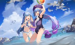 Rule 34 | 2girls, ^ ^, alternate costume, arm up, armpits, ball, beachball, bikini, bird, blue eyes, blue hair, blue ribbon, blue sky, blunt bangs, choker, chromatic aberration, closed eyes, cloud, cloudy sky, commentary request, day, eel hat, floating hair, flock, frilled bikini, frilled one-piece swimsuit, frilled wrist cuffs, frills, front-tie bikini top, front-tie top, gradient hair, hair ornament, hair ribbon, hair rings, hairclip, hand to own mouth, highres, holding, holding ball, holding beachball, kotonoha aoi, light blush, long hair, low-tied sidelocks, low twintails, mountainous horizon, multicolored hair, multiple girls, ocean, one-piece swimsuit, open mouth, otomachi una, pinky out, purple hair, purple one-piece swimsuit, ribbon, seagull, shirinda fureiru, shouting with hands, sidelocks, single wrist cuff, sky, smile, swimsuit, twintails, very long hair, vocaloid, voiceroid, wading, water drop, white bikini, white choker, wrist cuffs