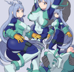 Rule 34 | 1boy, 1girl, ass, blue eyes, blue hair, bodysuit, boku no hero academia, grabbing another&#039;s breast, breasts, covered erect nipples, drill hair, from behind, full body, gloves, grabbing, grabbing from behind, grey background, hadou nejire, large breasts, light blue hair, long hair, multiple views, open mouth, shiseki hirame, simple background, twintails, very long hair, white gloves