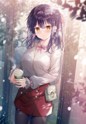 Rule 34 | 1girl, bag, between breasts, black hair, black pantyhose, blush, breasts, brown eyes, closed mouth, coffee cup, commentary request, cup, disposable cup, hair between eyes, hair ornament, hairclip, highres, holding, holding cup, long hair, looking at viewer, medium breasts, nanami yuuno, pantyhose, red skirt, shirt, shoulder bag, skirt, solo, sousouman, strap between breasts, twinbox school, white shirt, x hair ornament