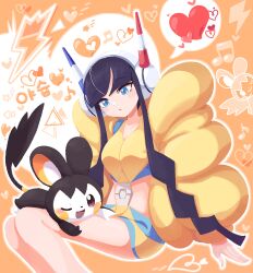 Rule 34 | 1girl, aqua eyes, bike shorts, black hair, blunt bangs, blush stickers, buckle, closed mouth, commentary request, commission, creatures (company), elesa (pokemon), emolga, game freak, gen 5 pokemon, heart, highres, jacket, korean commentary, long hair, long sleeves, looking down, musical note, nintendo, open clothes, open jacket, outline, pokemon, pokemon (creature), pokemon bw2, shirt, sidelocks, sleeveless, sleeveless shirt, spoken heart, ttrtag, yellow jacket