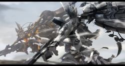 Rule 34 | armored core, armored core: for answer, armored core: verdict day, bad id, bad twitter id, feathers, flying, gun, highres, mecha, mecha focus, mechanical, mono (jdaj), n-wgix/v, no humans, rifle, robot, weapon, white glint
