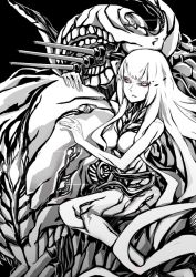 Rule 34 | 10s, 1girl, absurdly long hair, abyssal ship, black background, black sclera, central princess, colored sclera, coolnova, greyscale, horns, kantai collection, long hair, looking at viewer, machinery, monochrome, veins, very long hair