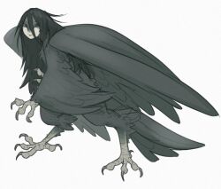 Rule 34 | 1girl, absurdres, animal hands, bird legs, claws, commentary, english commentary, feathered wings, feathers, greyscale, harpy, highres, long hair, looking at viewer, messy hair, monochrome, monster girl, original, simple background, solo, talons, tateoftot, winged arms, wings