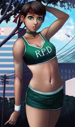 Rule 34 | 1girl, aircraft, alternate costume, bike shorts, blue sky, breasts, brown hair, capcom, city, cleavage, covered erect nipples, exmile, headband, helicopter, highres, looking at viewer, midriff, navel, rebecca chambers, resident evil, resident evil 0, sky, solo, sports bra