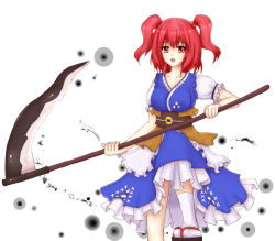 Rule 34 | 1girl, breasts, female focus, hair bobbles, hair ornament, large breasts, onozuka komachi, open mouth, red eyes, red hair, scythe, short hair, smile, solo, suikakitsu shiro, touhou, twintails, two side up, white background