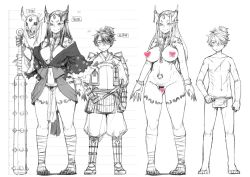 Rule 34 | 1boy, 1girl, arm tattoo, armor, blush, breasts, censored, censored nipples, chain, closed mouth, club, club (weapon), female pubic hair, fingernails, greyscale, heart, heart censor, highres, holding, holding weapon, horns, japanese armor, japanese clothes, kanabou, kimono, kosuke orz, large breasts, monochrome, multiple views, navel, nude, oni, oni horns, original, pelvic curtain, pigeon-toed, pubic hair, pubic tattoo, sharp fingernails, shoulder armor, shoulder tattoo, smile, sode, spiked club, standing, tattoo, torn clothes, torn sleeves, weapon