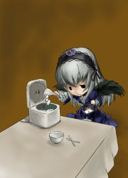Rule 34 | 1girl, chopsticks, fine art parody, food, goth fashion, hungry, i asked for scrambled, parody, rice, rice bowl, rice cooker, rozen maiden, saba (sio), silver hair, solo, suigintou