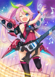 Rule 34 | 1girl, ;d, bangle, black thighhighs, blue eyes, blush, bracelet, cable, electric guitar, fang, green hair, guitar, hair ribbon, headphones, highres, instrument, jewelry, kai (ootamuno12), long hair, multicolored hair, musical note, one eye closed, open mouth, original, pink hair, ponytail, ribbon, smile, solo, speaker, streaked hair, thighhighs, two-tone hair, very long hair