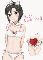 Rule 34 | 1girl, antenna hair, arms behind back, arms behind head, black eyes, black hair, blush, bow, bow bra, box, bra, breasts, cleavage, collarbone, cowboy shot, detached collar, groin, hair between eyes, hair bow, hairband, happy valentine, head tilt, heart-shaped box, highres, holding, holding box, idolmaster, idolmaster (classic), kikuchi makoto, looking at viewer, mogskg, multiple views, navel, open mouth, pink bow, short hair, simple background, small breasts, standing, striped, striped bow, thigh gap, underwear, underwear only, white background, white bow, white hairband, wing collar
