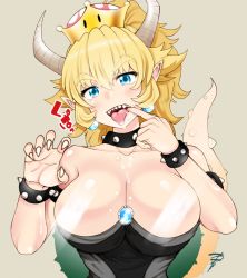 Rule 34 | 1girl, armlet, bare shoulders, black dress, blonde hair, blue eyes, bowsette, bracelet, breasts, censored, censored nipples, collar, convenient censoring, crown, dress, jewelry, large breasts, light censor, light rays, mario (series), nintendo, nipples, no bra, pointless censoring, saliva, sharp teeth, solo, spiked bracelet, spiked collar, spikes, standing, strapless, strapless dress, super crown, tail, teeth, yamasaki wataru