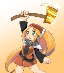 Rule 34 | 1girl, axe, blonde hair, blush, breasts, dress, green eyes, jewelry, long hair, meythia, open mouth, saga, saga frontier 2, simple background, skirt, solo, weapon