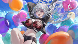Rule 34 | 1girl, :d, arms up, balloon, black choker, black jacket, black shorts, blue eyes, blue hair, blunt bangs, bra, breasts, choker, cleavage, cropped arms, cropped legs, ember amane, green hair, hair ornament, hairclip, heart balloon, id card, jacket, large breasts, long hair, looking at viewer, midriff, multicolored hair, myoushun, navel, open mouth, paperclip, phase connect, pink hair, red bra, short shorts, shorts, sidelocks, sky, smile, underwear, white hair