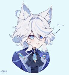 Rule 34 | 1girl, :3, ahoge, animal ear fluff, animal ears, blue eyes, blue jacket, cat ears, chui art, commentary request, furina (genshin impact), genshin impact, hair between eyes, highres, jacket, kemonomimi mode, looking at viewer, no headwear, short hair, simple background, smile, solo, upper body, white background, white hair