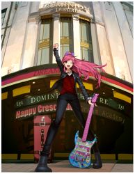 Rule 34 | 10s, 1girl, :d, aikatsu!, aikatsu! (series), arm up, boots, bow, brown eyes, electric guitar, guitar, highres, hitoto, instrument, jacket, long hair, one eye closed, open mouth, otoshiro seira, pink hair, ponytail, skirt, smile, solo, suitcase