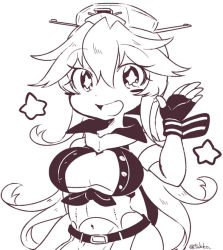 Rule 34 | 10s, 1girl, breasts, cleavage, elbow gloves, fingerless gloves, garter straps, gloves, greyscale, hair between eyes, headgear, iowa (kancolle), kantai collection, large breasts, long hair, messy hair, monochrome, sleeveless, solo, star-shaped pupils, star (symbol), symbol-shaped pupils, tsukko (3ki2ne10)