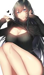 Rule 34 | 1girl, black hair, blue eyes, breasts, cleavage, commentary request, heart, highres, long hair, looking at viewer, onineko-chan, original, simple background, sleeves past wrists, solo, sweater, white background