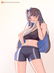 Rule 34 | 1girl, absurdres, azurecruiser, bare shoulders, blue eyes, blue hair, blunt bangs, blush, breasts, clothes lift, crop top, gym shorts, hand on own hip, highres, hololive, hololive english, large breasts, long hair, looking at viewer, midriff, multicolored hair, navel, ouro kronii, parted lips, patreon logo, patreon username, shirt lift, shorts, sidelocks, simple background, sleeveless, smile, sports bra, sweat, thighs, virtual youtuber, wiping face, wiping sweat