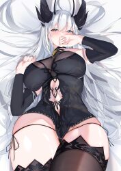 Rule 34 | 1girl, absurdres, black bikini bottom, black dress, blush, breasts, clothing cutout, commentary request, covering own mouth, demon girl, detached sleeves, dress, enoha, fingernails, grey eyes, grey hair, highres, horns, large breasts, long hair, lying, multiple horns, navel cutout, original, panties, side-tie panties, sleeves past wrists, solo, thighhighs, underwear, very long hair, white hair