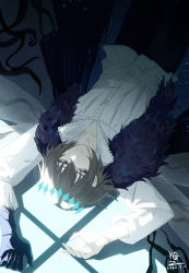 Rule 34 | 1boy, animal hands, bird, black fur, black pants, blue hair, closed mouth, collared shirt, crow, fate/grand order, fate (series), fur, fur trim, grey hair, hair between eyes, highres, long sleeves, looking at viewer, oberon (fate), oberon (third ascension) (fate), pants, shirt, short hair, simple background, solo, spoilers, white shirt, yq340