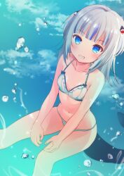 Rule 34 | 1girl, air bubble, bare arms, bare legs, bare shoulders, bikini, blue eyes, blue hair, blue nails, blue tail, breasts, bubble, collarbone, commentary request, fins, fish tail, gawr gura, grey hair, grin, hair ornament, highres, hololive, hololive english, long hair, looking at viewer, multicolored hair, navel, nitak, shark girl, shark tail, sharp teeth, small breasts, smile, solo, stomach, swimsuit, tail, teeth, thighs, underwater, virtual youtuber, water, white bikini