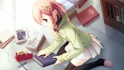 Rule 34 | 1girl, black thighhighs, blush, book, braid, flower, game cg, hair flower, hair ornament, holding, holding book, indoors, kantoku, looking at viewer, pink eyes, pink hair, pleated skirt, short hair, sitting, skirt, solo, thighhighs, wariza, white skirt, your diary, yua (your diary)