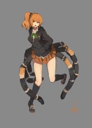 Rule 34 | 1girl, :d, arthropod girl, arthropod limbs, black footwear, black jacket, black socks, bow, bowtie, collared shirt, green bow, green bowtie, grey background, hands in pockets, highres, insect girl, jacket, lansane, long sleeves, looking at viewer, monster girl, open mouth, orange hair, orange skirt, original, red eyes, shirt, shoes, side ponytail, simple background, skirt, smile, socks, solo, spider girl, white shirt, wing collar